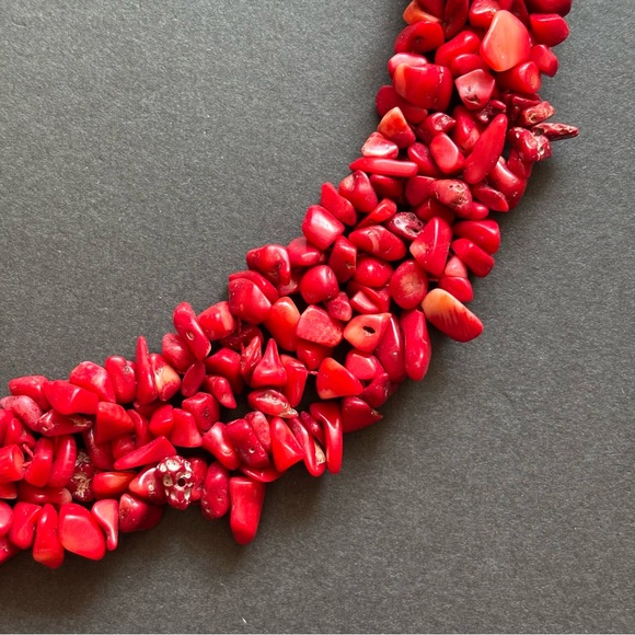 Red Coral Chip Statement Necklace And Bracelet Set | 18 IN - Picture 4 of 10